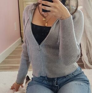 Gray Ribbed Zip-Up Hoodie